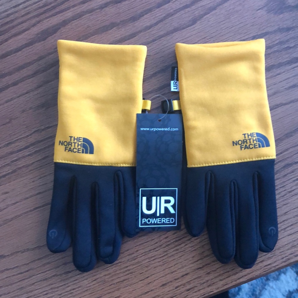 Black and gold north face gloves.